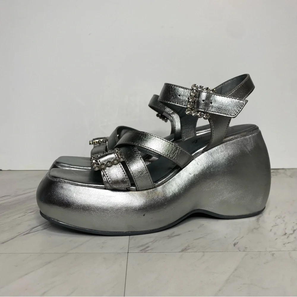 New! Free People Brooklyn Silver Leather Ankle Strap Sandal 9 1/2